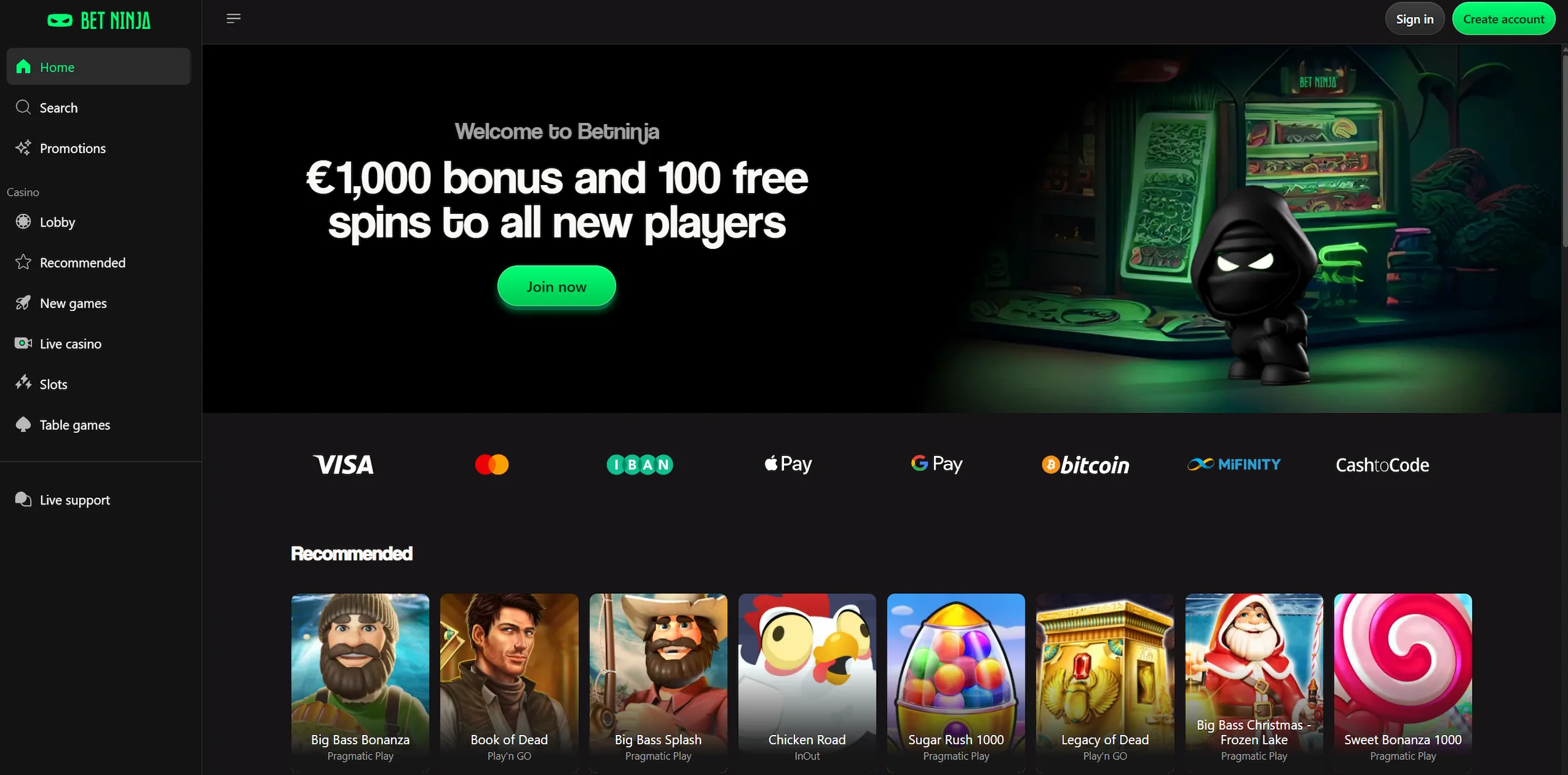 BetNinja casino page showing welcome offer, recommended online pokies and site navigation