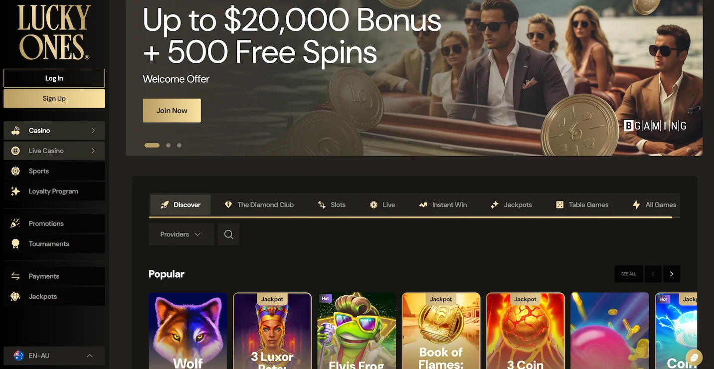 Lucky Ones casino page showing welcome offer, popular online pokies and site navigation