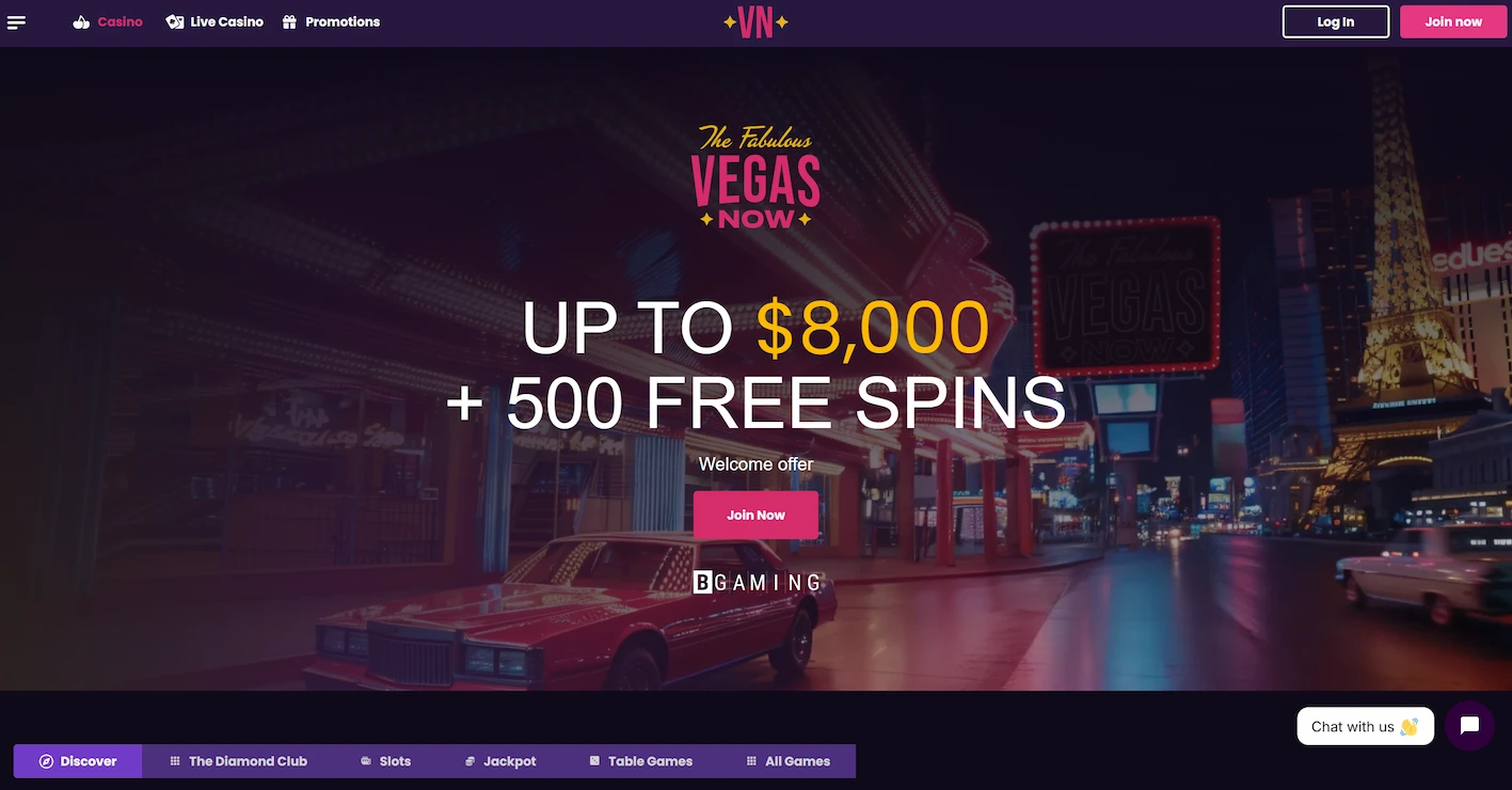 VegasNow casino page displaying welcome offer and site navigation